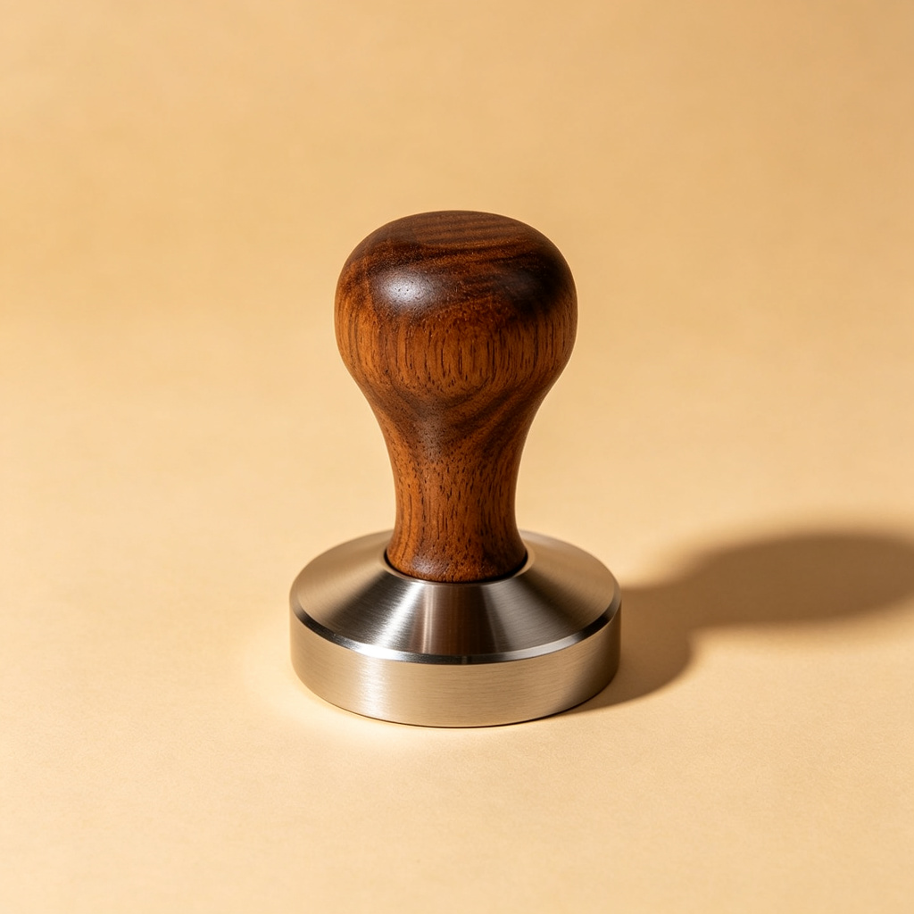 Calibrated espresso tamper with walnut handle and stainless base